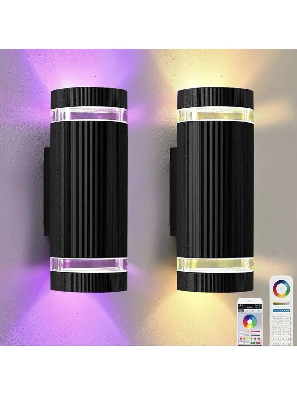 Color Changing RGB Outdoor Wall Lights - 2 Pack Modern Exterior Sconces